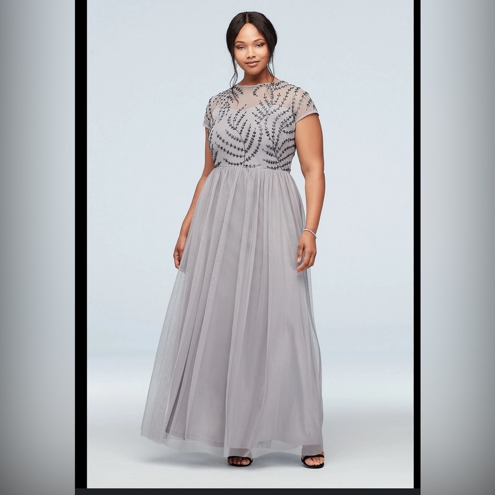 MARINA Gray Mesh Dress with Black Embroidery